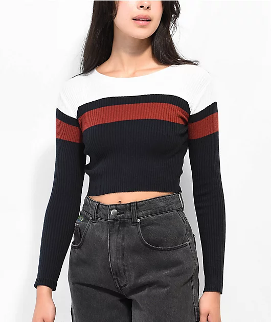 Ethos Maroon Colorblock Long Sleeve Crop Sweater