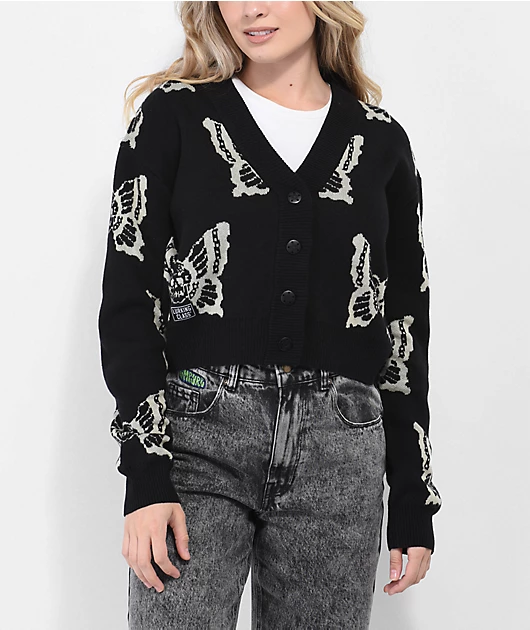 Lurking Class by Sketchy Tank Skullfly Black Crop Cardigan Sweater