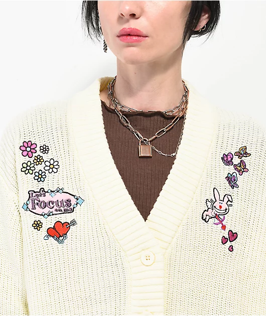 Broken Promises x Happy Bunny Focus On Me Cardigan Ivory Crop Sweater