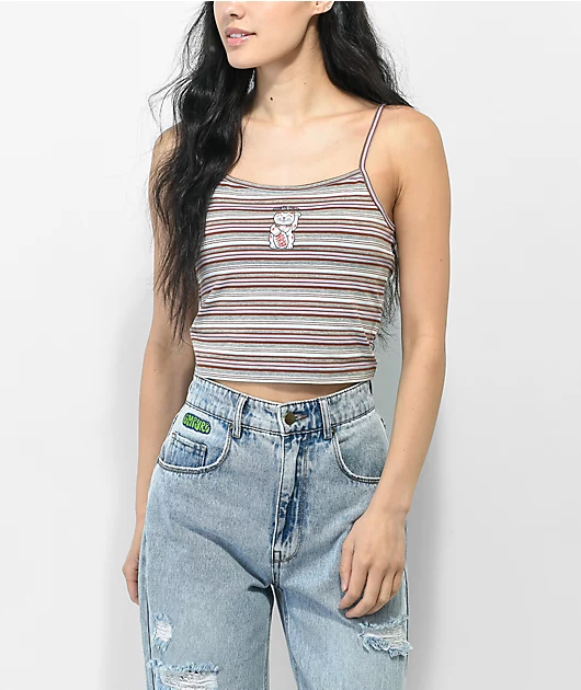 Santa Cruz Lucky Cat Brown & Purple Stripe Crop Tank Top