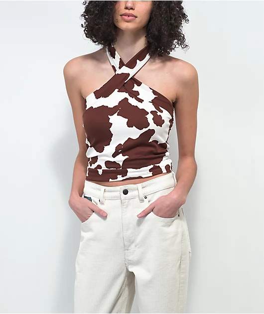 Spicychix Cross Brown & White Cow Print Halter Tank Top