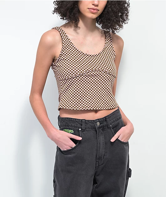 Spicychix Brown & Purple Checkered Crop Tank Top