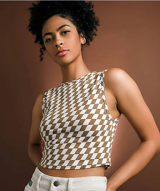 Motel Gimon Brown & White Checkered Crop Tank Top
