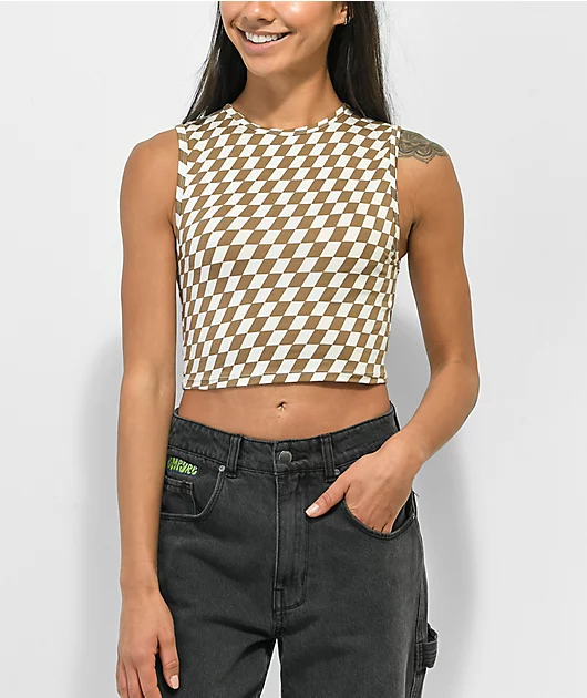 Motel Gimon Brown & White Checkered Crop Tank Top