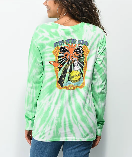 Empyre Open Your Mind Green & White Tie Dye Long Sleeve Knot Front T-Shirt