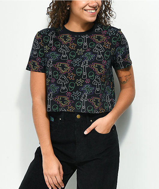 A.LAB Quinnie Mushroom All Over Print Black Crop T-Shirt