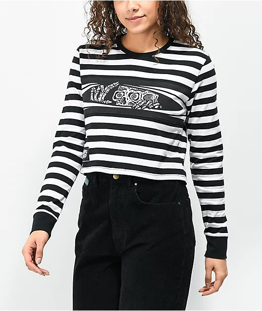 Lurking Class by Sketchy Tank Peeking Black & White Stripe Crop Long Sleeve T-Shirt