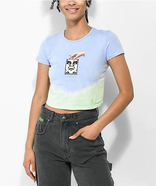 Obey Chainy Light Blue & Green Tie Dye Crop T-Shirt