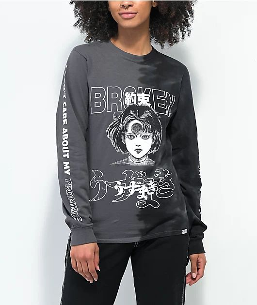 Broken Promises x Junji I Don't Care Black & Grey Split Tie Dye Long Sleeve T-Shirt