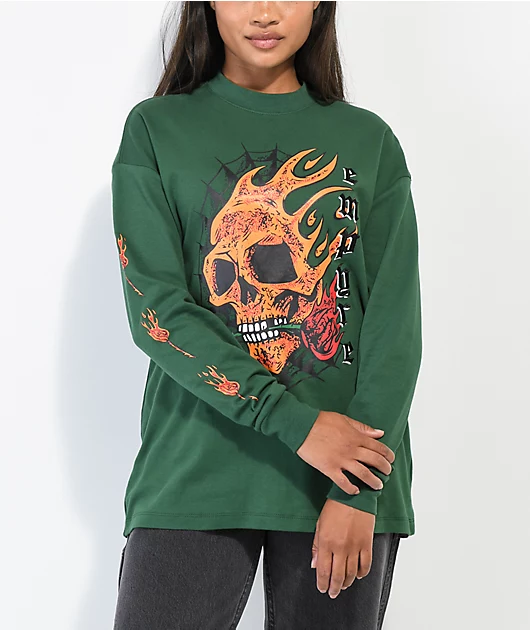 Empyre Velma Flame Skulls Dark Green Long Sleeve T-Shirt