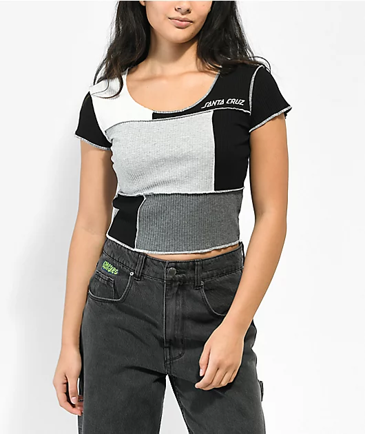 Santa Cruz Patchwork Strip Black & White Crop Top