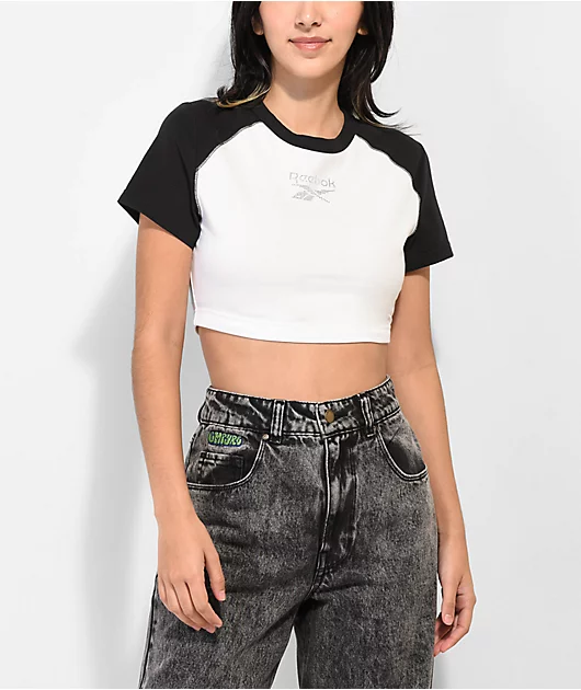 Reebok Classics Sparkle Black & White Raglan Crop T-Shirt