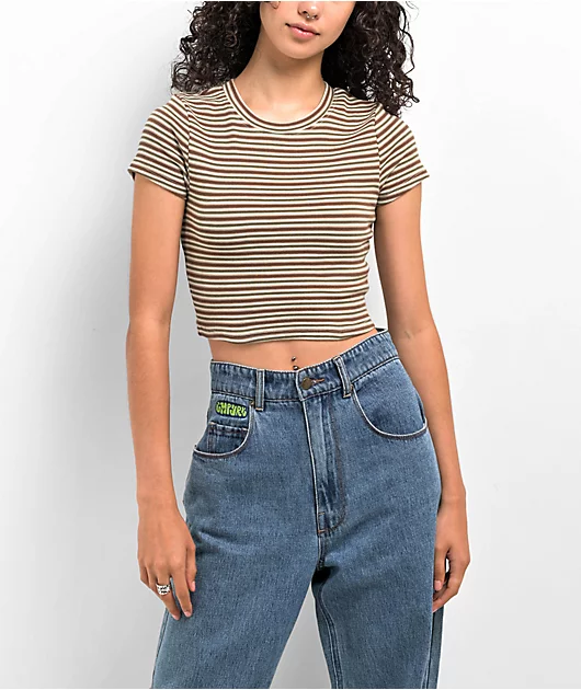 Zine Irina Green & Brown Crop Stripe T-Shirt