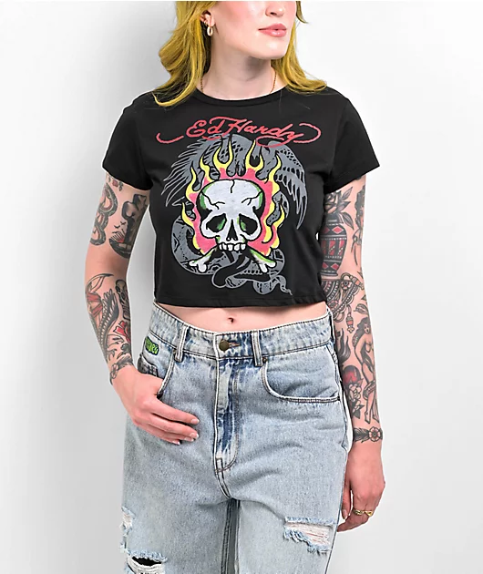 Ed Hardy Flaming Skull Black Crop T-Shirt