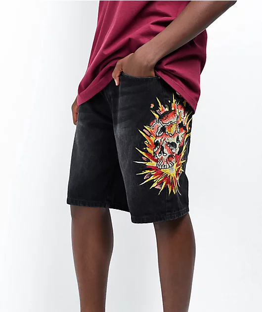Ed Hardy Exploding Skull Black Denim Shorts