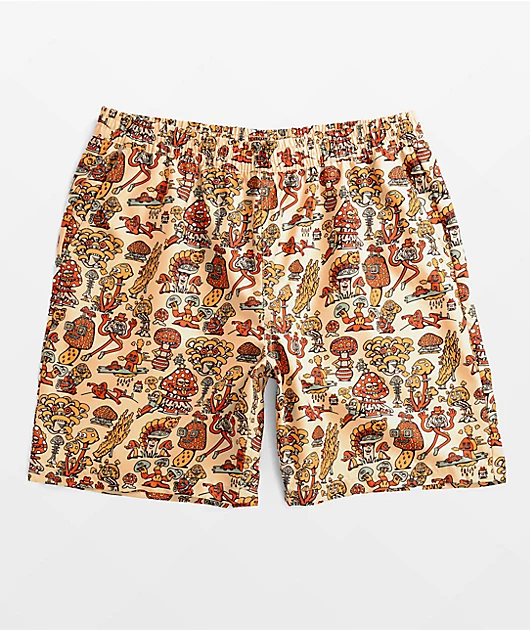 Killer Acid Mushroom Friends Tan & Orange Board Shorts