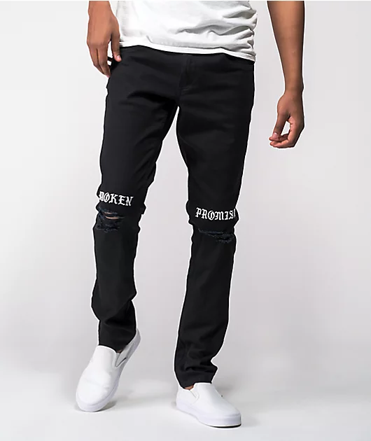 Broken Promises Stitch & Rip Black Denim Skinny Jeans