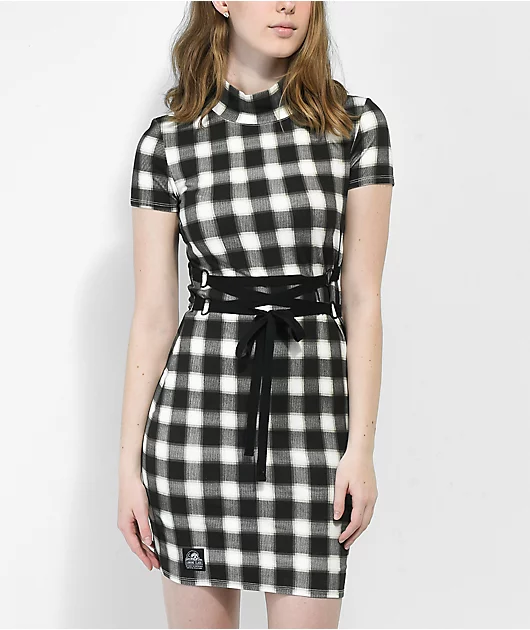 Lurking Class by Sketchy Tank Black & White Plaid Tie Dress