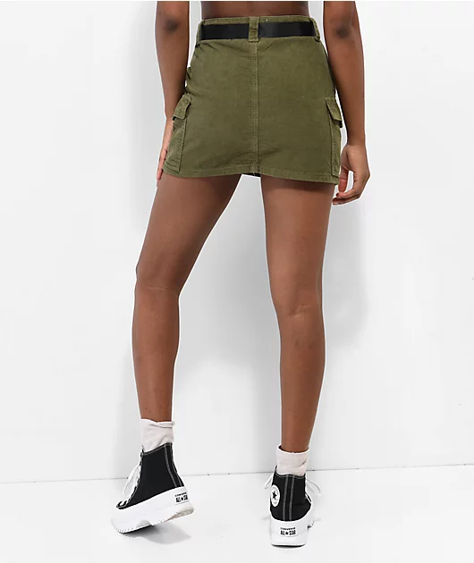 Cali 1850 Olive Corduroy Belted Mini Skirt