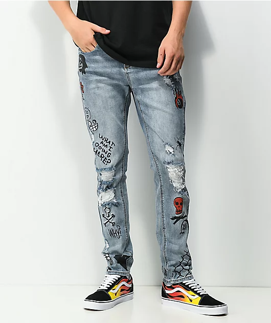 Ninth Hall Lure Printed Light Blue Denim Skinny Jeans