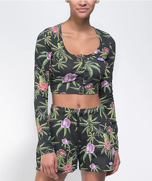 Your Highness Green Dream Black Long Sleeve Crop Top