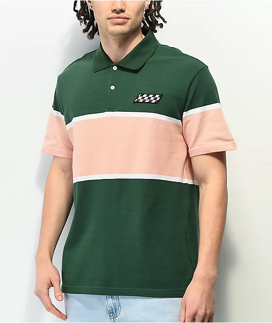 HUF Power Unit Green, Salmon, & White Stripe Polo Shirt