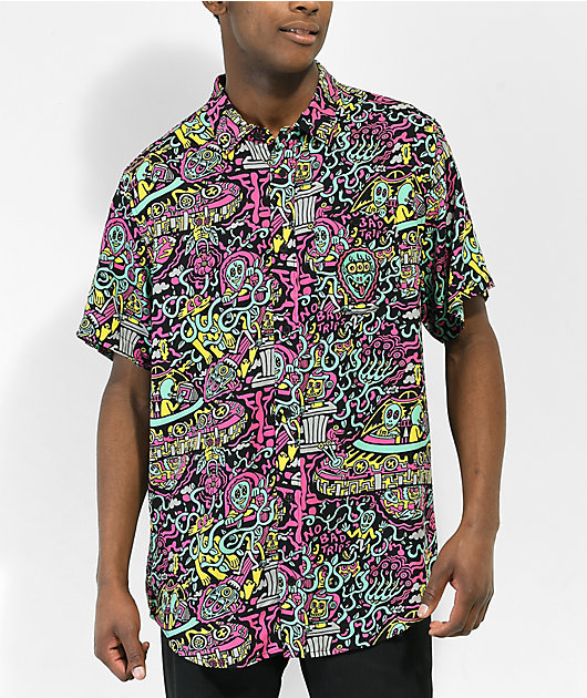 Killer Acid No Bad Trips Black Short Sleeve Button Up Shirt