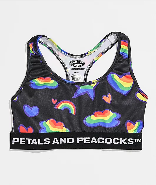 Petals and Peacocks Black Rainbow Sports Bra