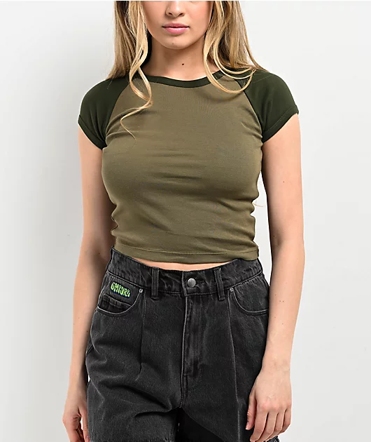 Zine Pammie Dark Green Raglan Crop T-Shirt