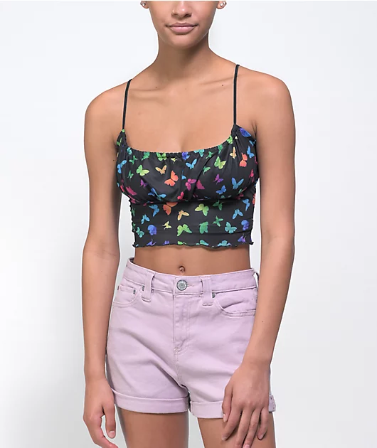 A-Lab Roxanne Butterfly Black Mesh Crop Tank Top